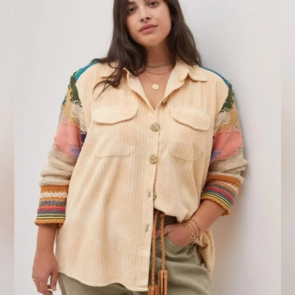 Anthropologie Pilcro Easygoing Shirt Boho Corduroy Knit Women’s Jacket Cream S. - Picture 2 of 16